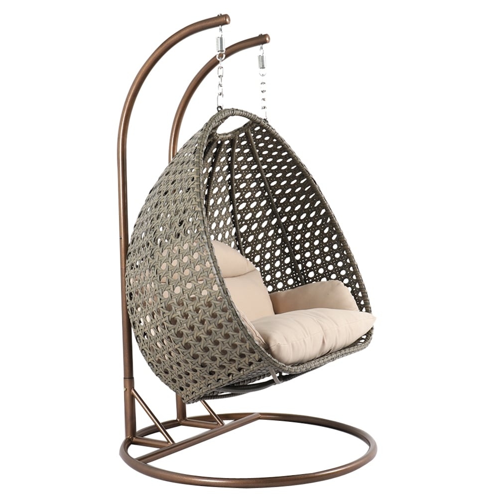 Sedia a forma di uovo sospesa LeisureMod per 2 persone con supporto - Amaca da esterno/interno in rattan e vimini per patio con cuscini