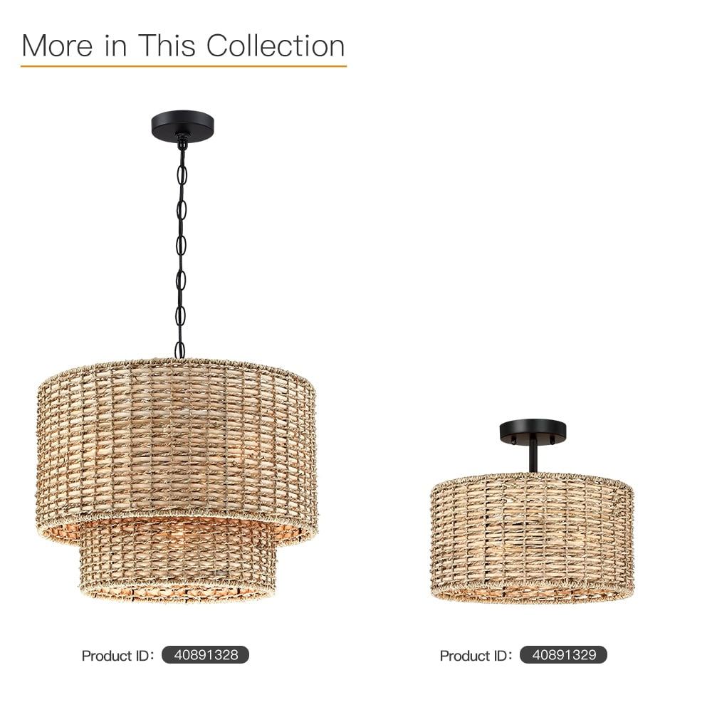 Lampadario a tamburo in rattan a 4 livelli Lennie da 20 pollici con baldacchino nero - 20 pollici di larghezza - 20 pollici di larghezza