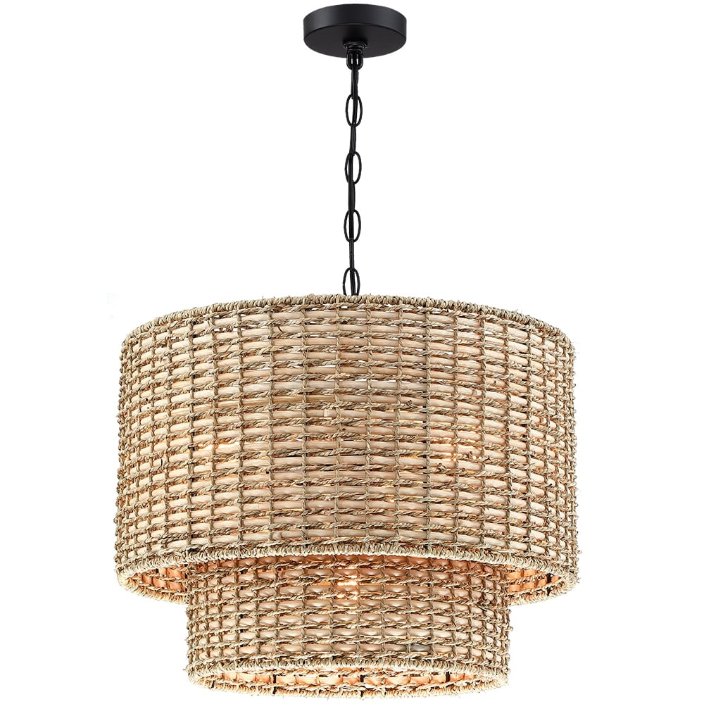 Lampadario a tamburo in rattan a 4 livelli Lennie da 20 pollici con baldacchino nero - 20 pollici di larghezza - 20 pollici di larghezza