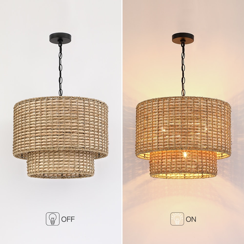 Lampadario a tamburo in rattan a 4 livelli Lennie da 20 pollici con baldacchino nero - 20 pollici di larghezza - 20 pollici di larghezza