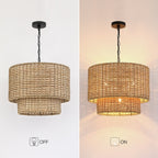 Lampadario a tamburo in rattan a 4 livelli Lennie da 20 pollici con baldacchino nero - 20 pollici di larghezza - 20 pollici di larghezza