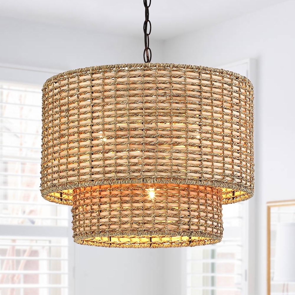 Lampadario a tamburo in rattan a 4 livelli Lennie da 20 pollici con baldacchino nero - 20 pollici di larghezza - 20 pollici di larghezza
