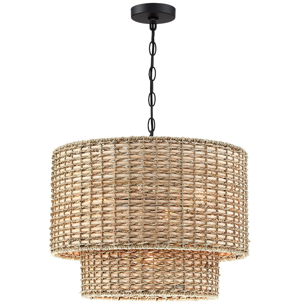Lampadario a tamburo in rattan a 4 livelli Lennie da 20 pollici con baldacchino nero - 20 pollici di larghezza - 20 pollici di larghezza