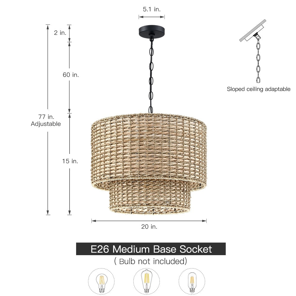 Lampadario a tamburo in rattan a 4 livelli Lennie da 20 pollici con baldacchino nero - 20 pollici di larghezza - 20 pollici di larghezza
