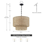 Lampadario a tamburo in rattan a 4 livelli Lennie da 20 pollici con baldacchino nero - 20 pollici di larghezza - 20 pollici di larghezza