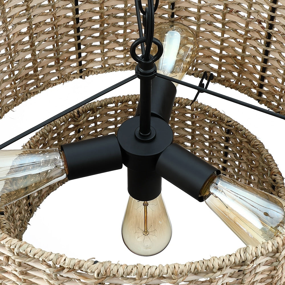 Lampadario a tamburo in rattan a 4 livelli Lennie da 20 pollici con baldacchino nero - 20 pollici di larghezza - 20 pollici di larghezza