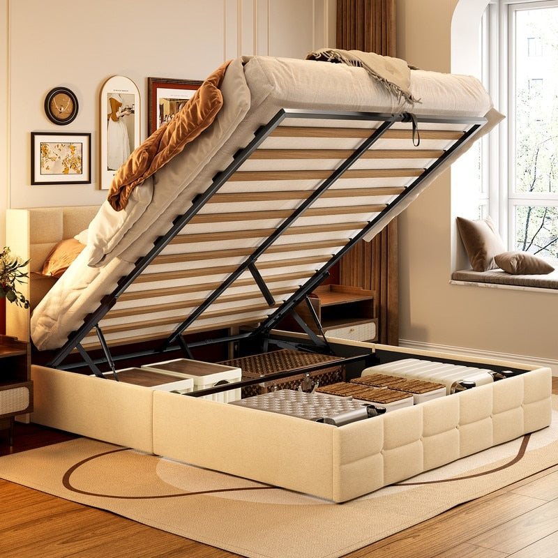 Struttura letto contenitore sollevabile, struttura letto imbottita con sistema di stoccaggio idraulico e testiera