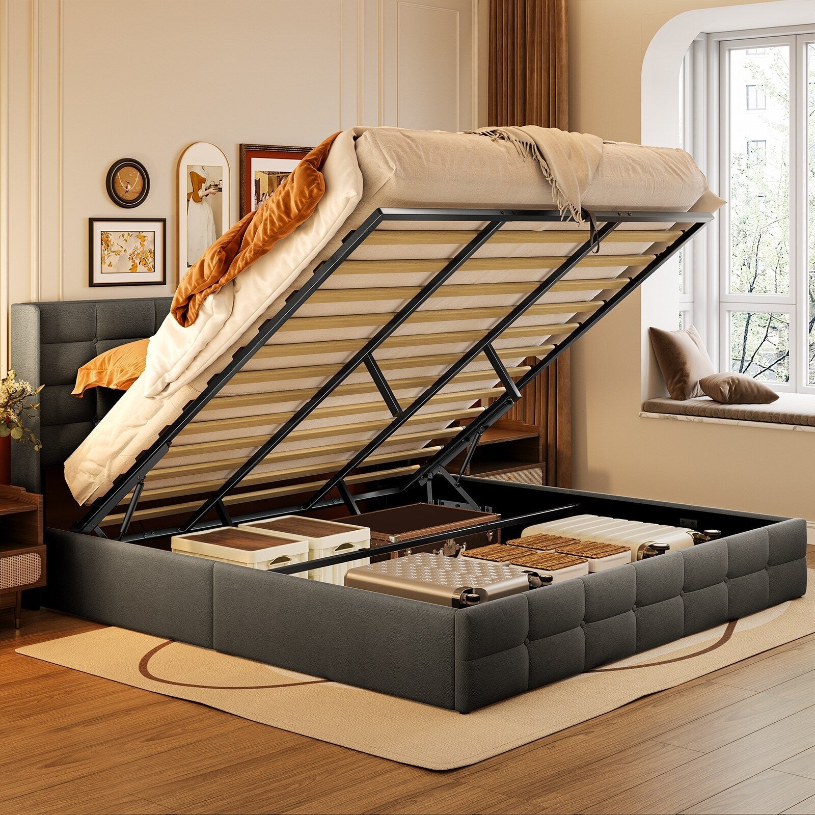 Struttura letto contenitore sollevabile, struttura letto imbottita con sistema di stoccaggio idraulico e testiera