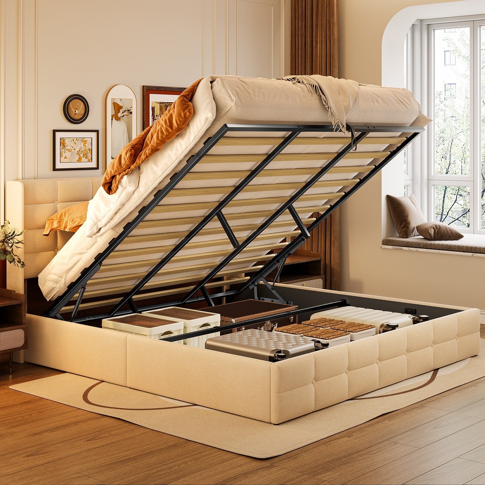 Struttura letto contenitore sollevabile, struttura letto imbottita con sistema di stoccaggio idraulico e testiera