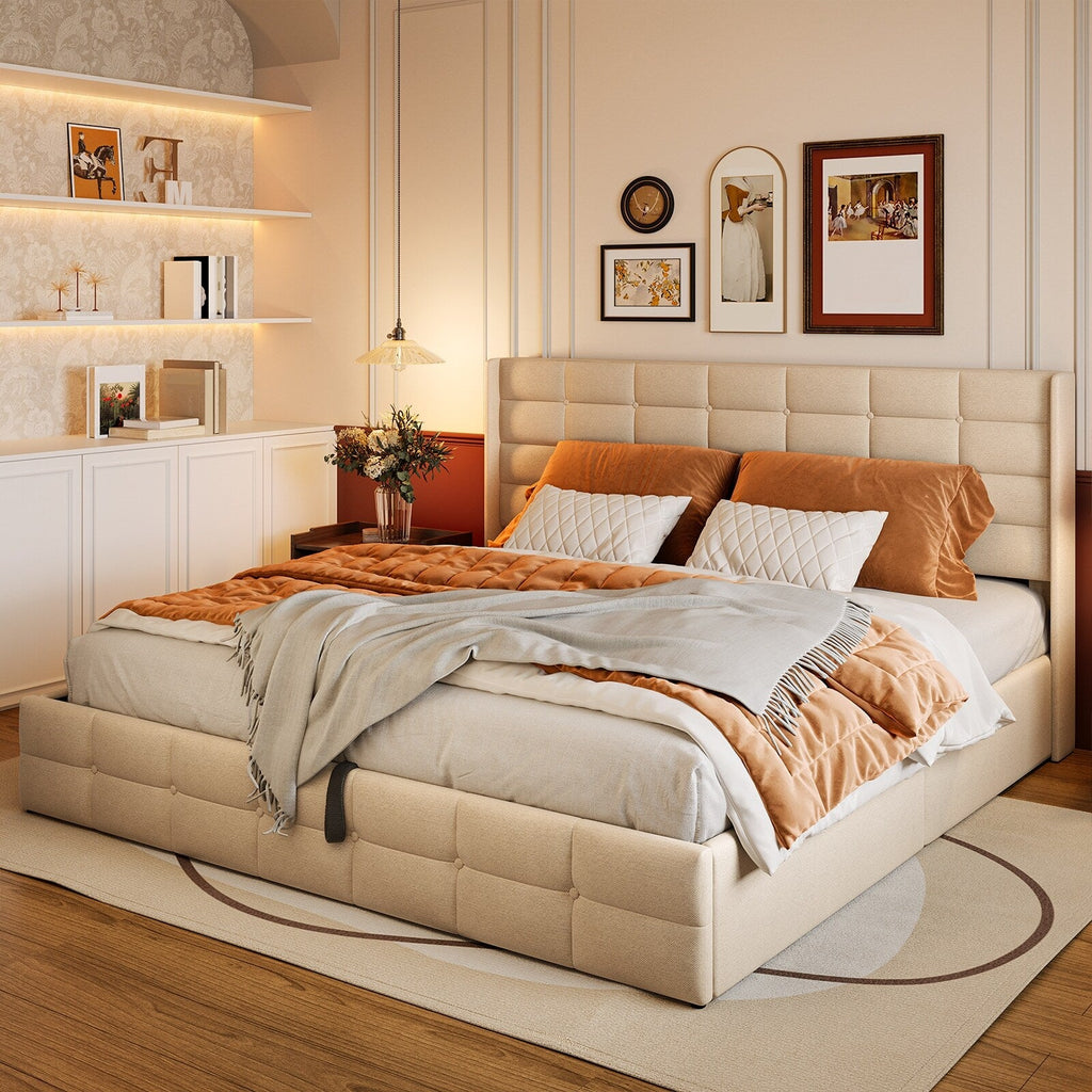 Struttura letto contenitore sollevabile, struttura letto imbottita con sistema di stoccaggio idraulico e testiera
