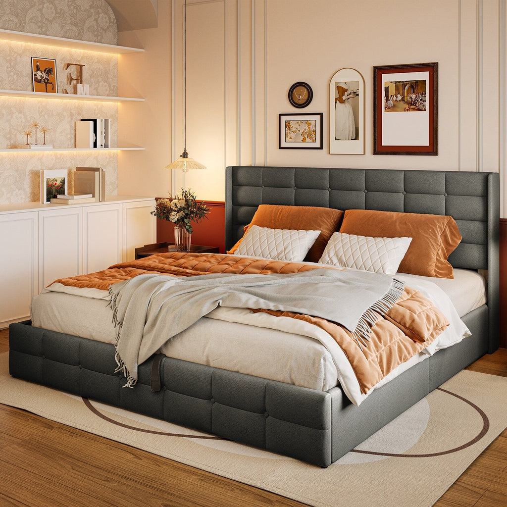 Struttura letto contenitore sollevabile, struttura letto imbottita con sistema di stoccaggio idraulico e testiera