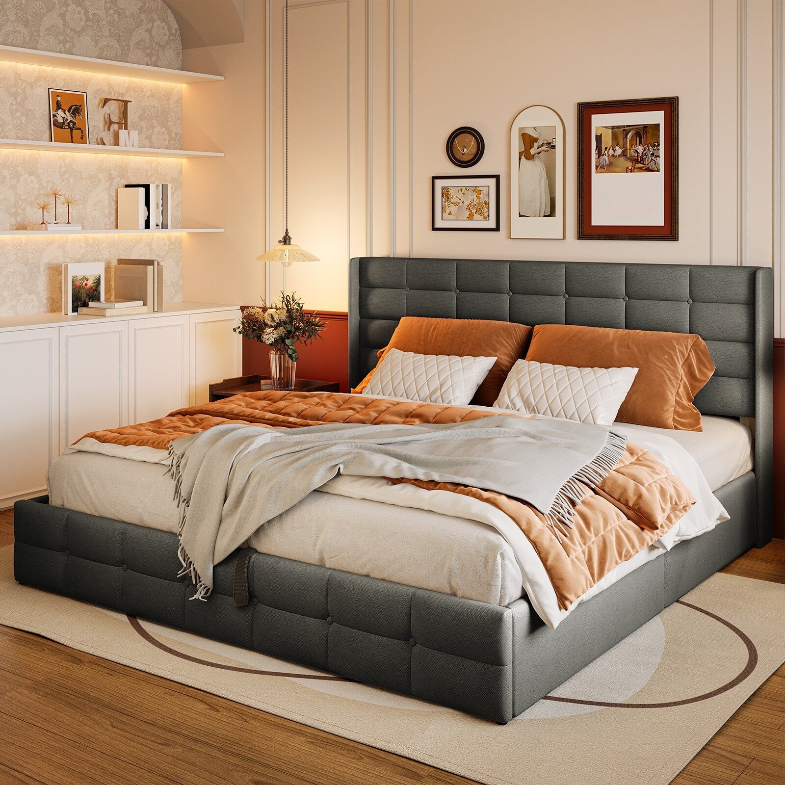 Struttura letto contenitore sollevabile, struttura letto imbottita con sistema di stoccaggio idraulico e testiera
