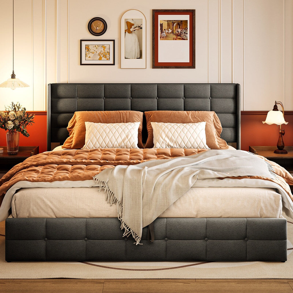 Struttura letto contenitore sollevabile, struttura letto imbottita con sistema di stoccaggio idraulico e testiera