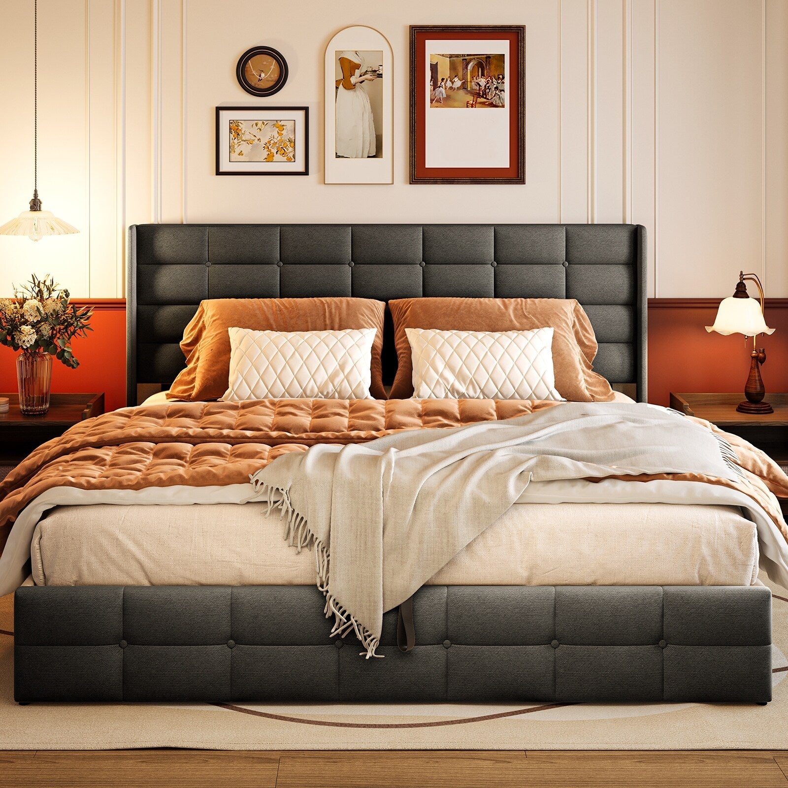 Struttura letto contenitore sollevabile, struttura letto imbottita con sistema di stoccaggio idraulico e testiera