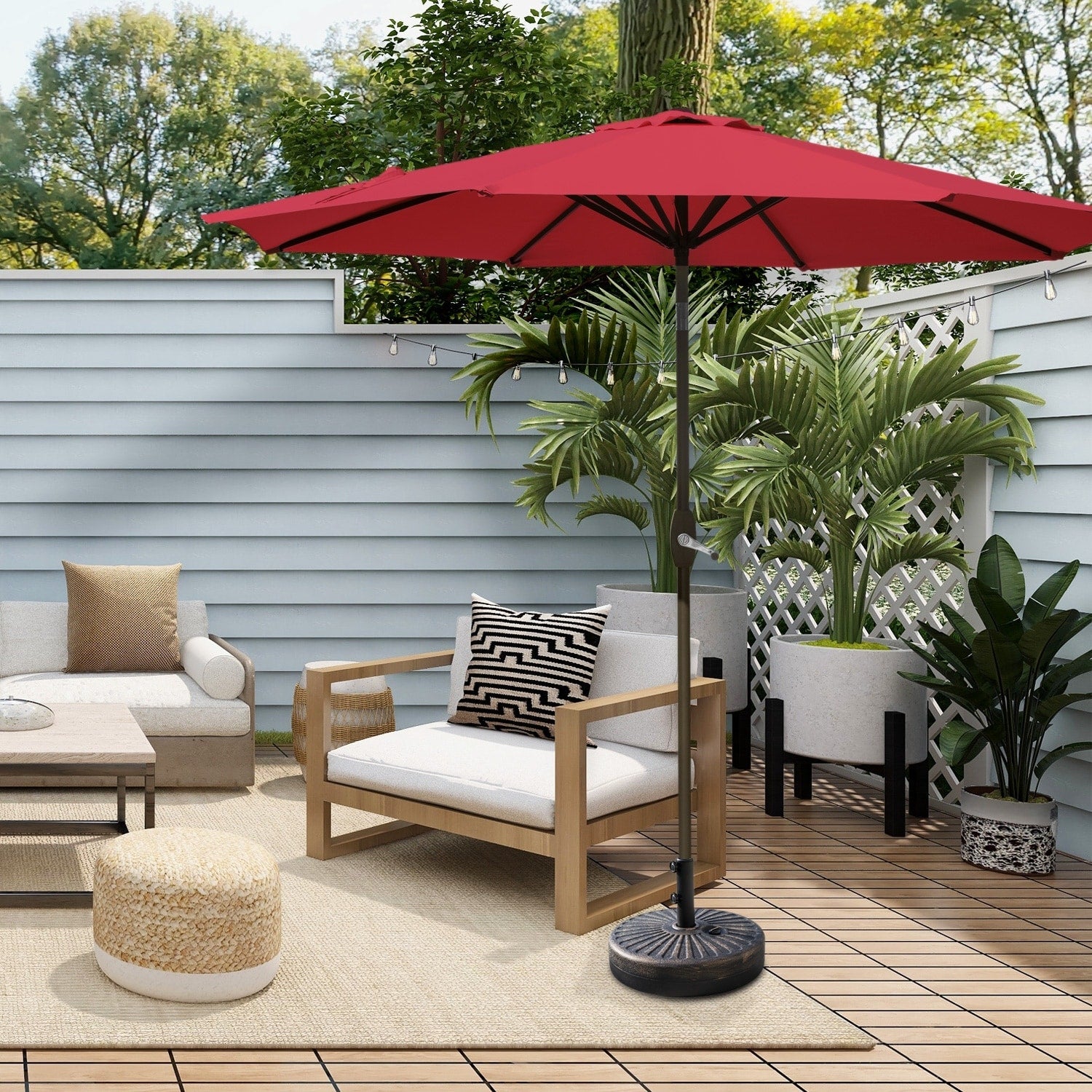 Ombrellone da giardino Lopes da 9 piedi con base in finitura bronzo e supporto per pesi incluso