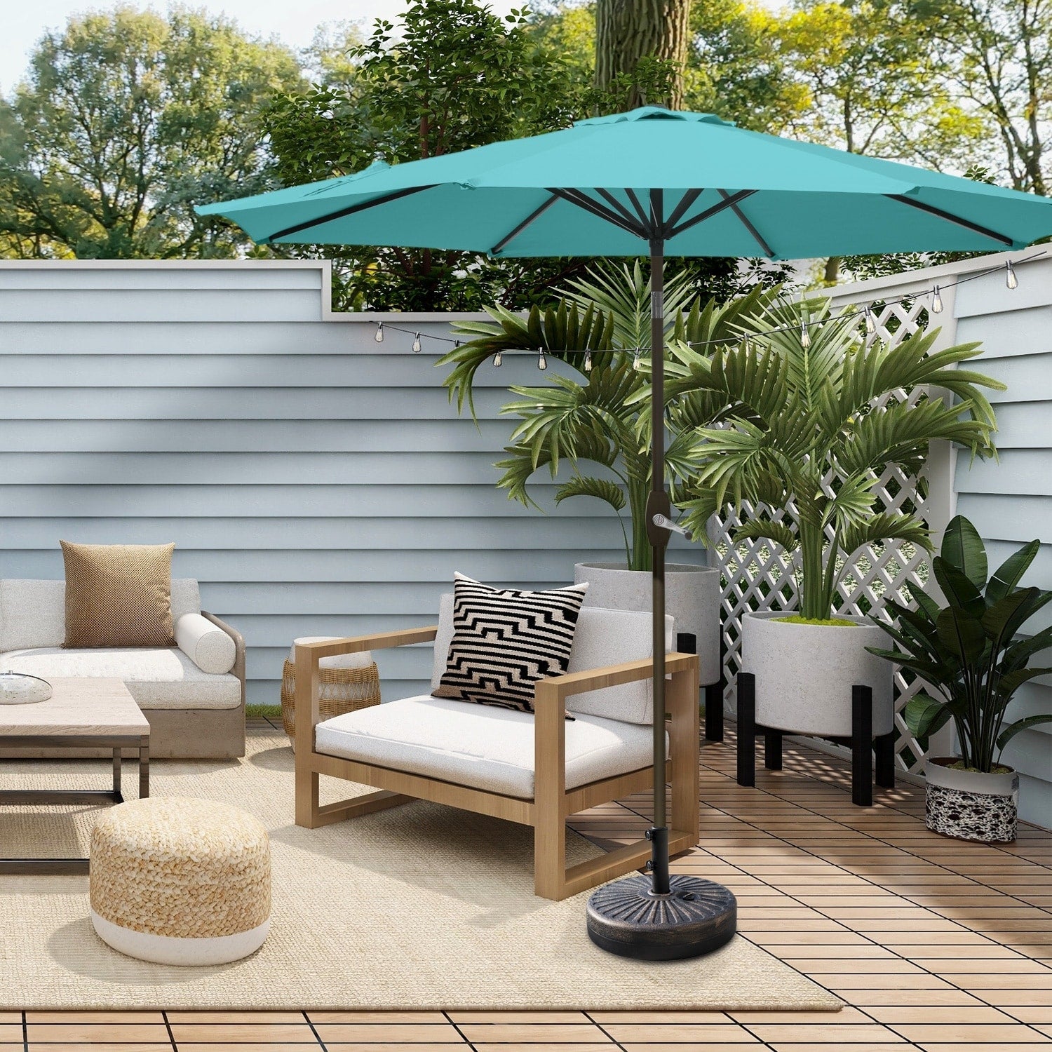 Ombrellone da giardino Lopes da 9 piedi con base in finitura bronzo e supporto per pesi incluso