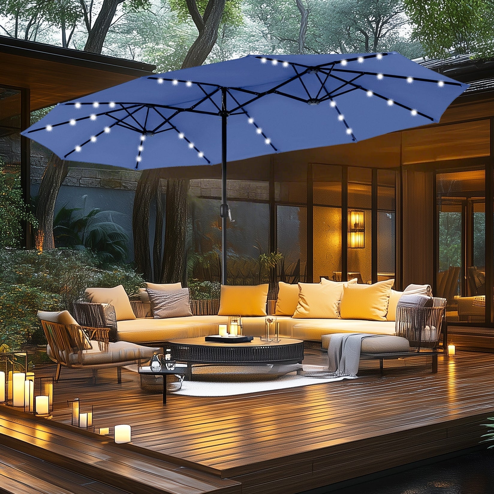 MAISON ARTS Ombrellone da esterno rettangolare da 15 piedi con manovella, doppio lato, con illuminazione a LED solare e base inclusa