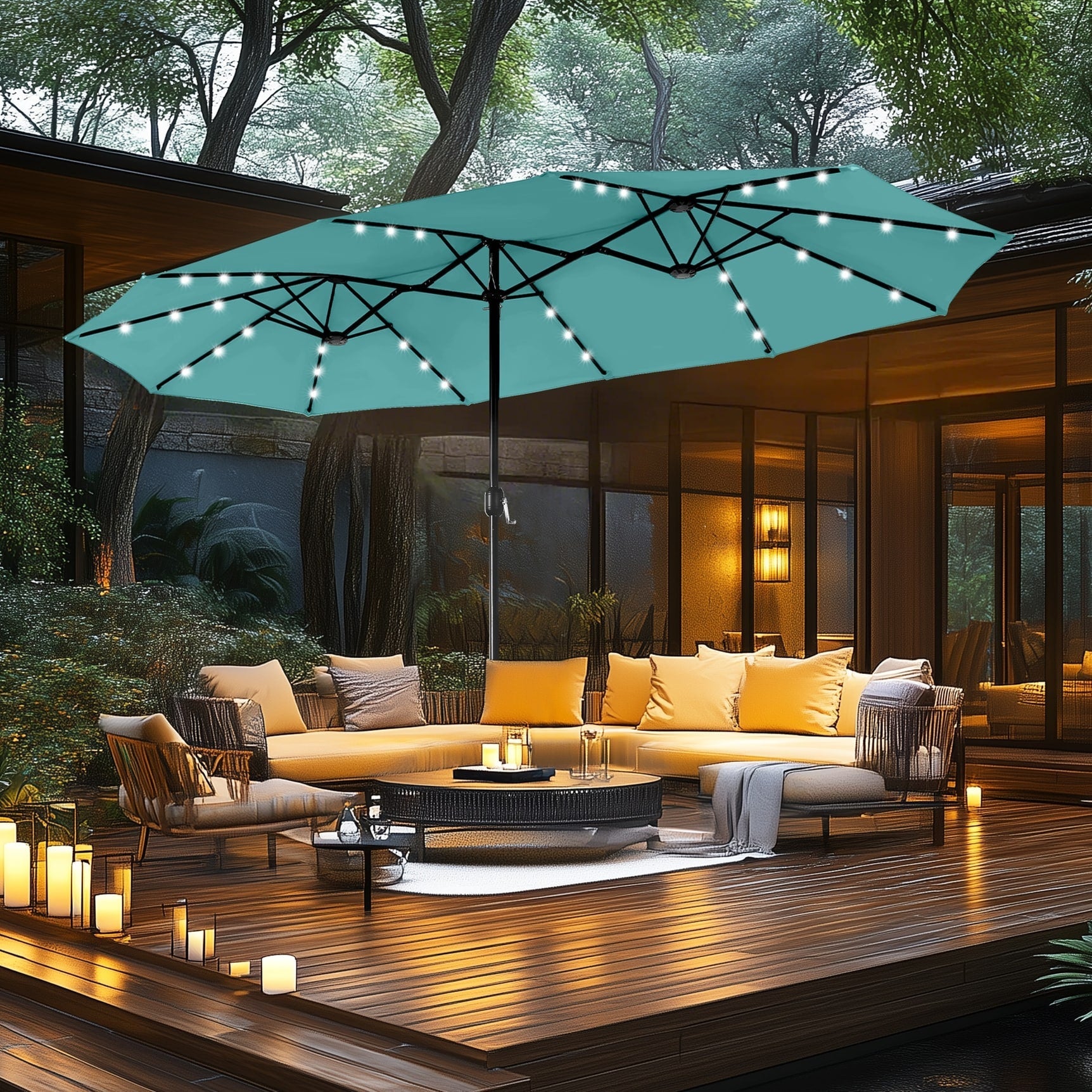 MAISON ARTS Ombrellone da esterno rettangolare da 15 piedi con manovella, doppio lato, con illuminazione a LED solare e base inclusa