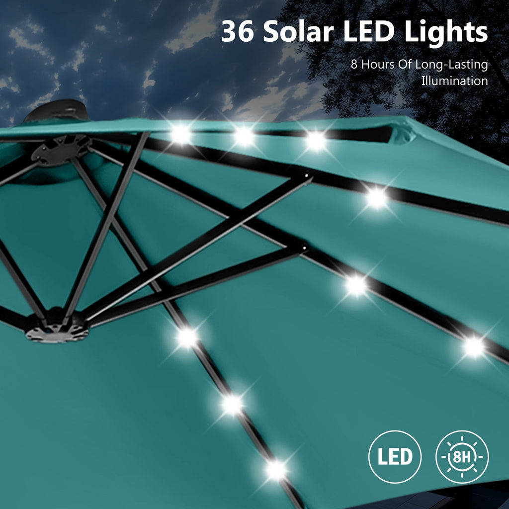 MAISON ARTS Ombrellone da esterno rettangolare da 15 piedi con manovella, doppio lato, con illuminazione a LED solare e base inclusa