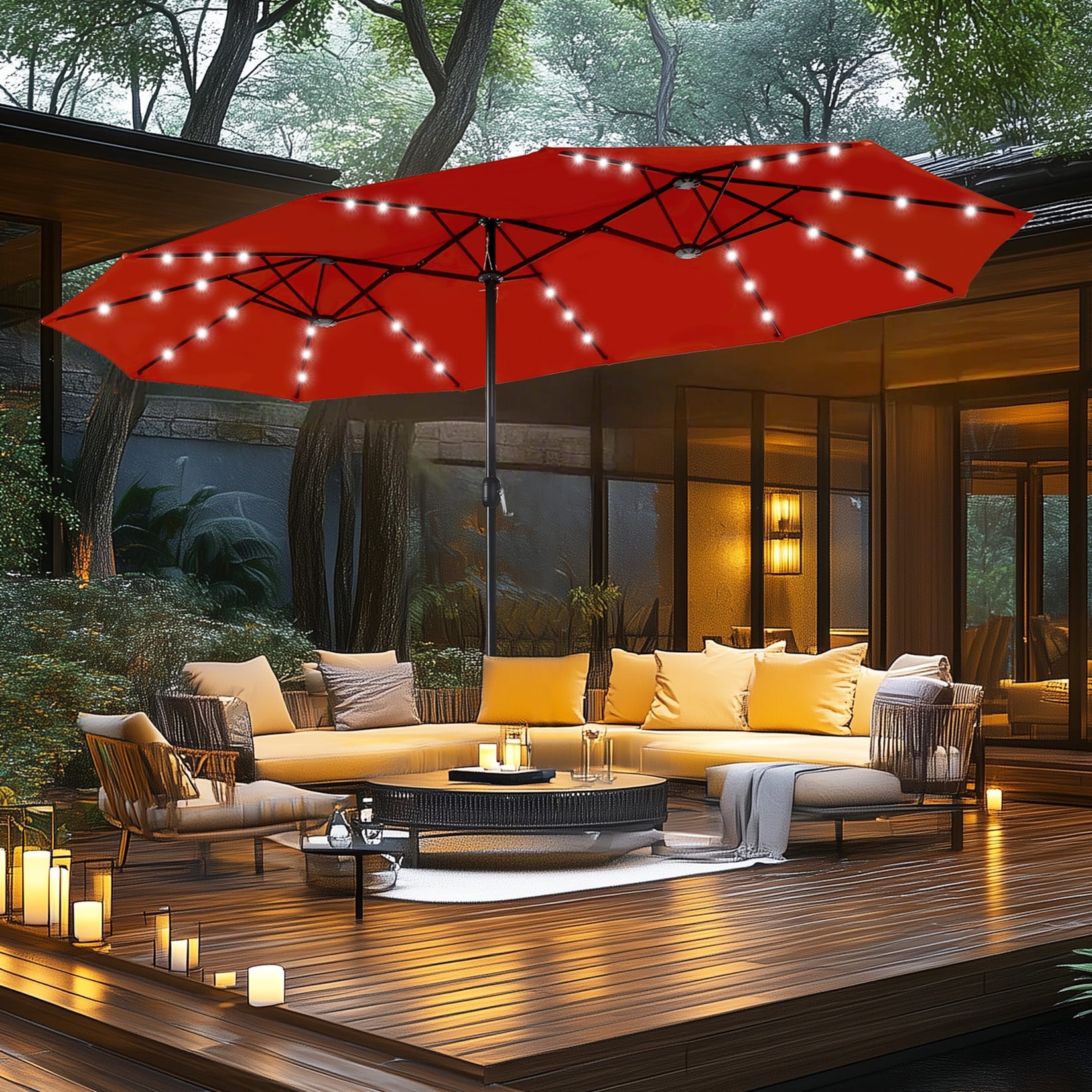 MAISON ARTS Ombrellone da esterno rettangolare da 15 piedi con manovella, doppio lato, con illuminazione a LED solare e base inclusa