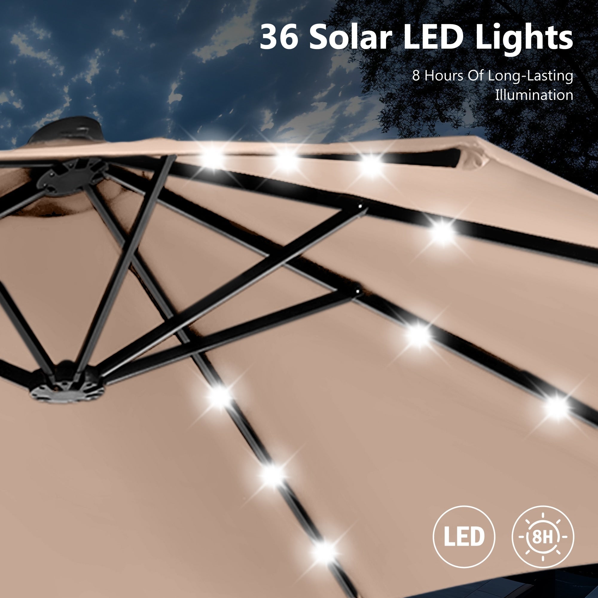 MAISON ARTS Ombrellone da esterno rettangolare da 15 piedi con manovella, doppio lato, con illuminazione a LED solare e base inclusa
