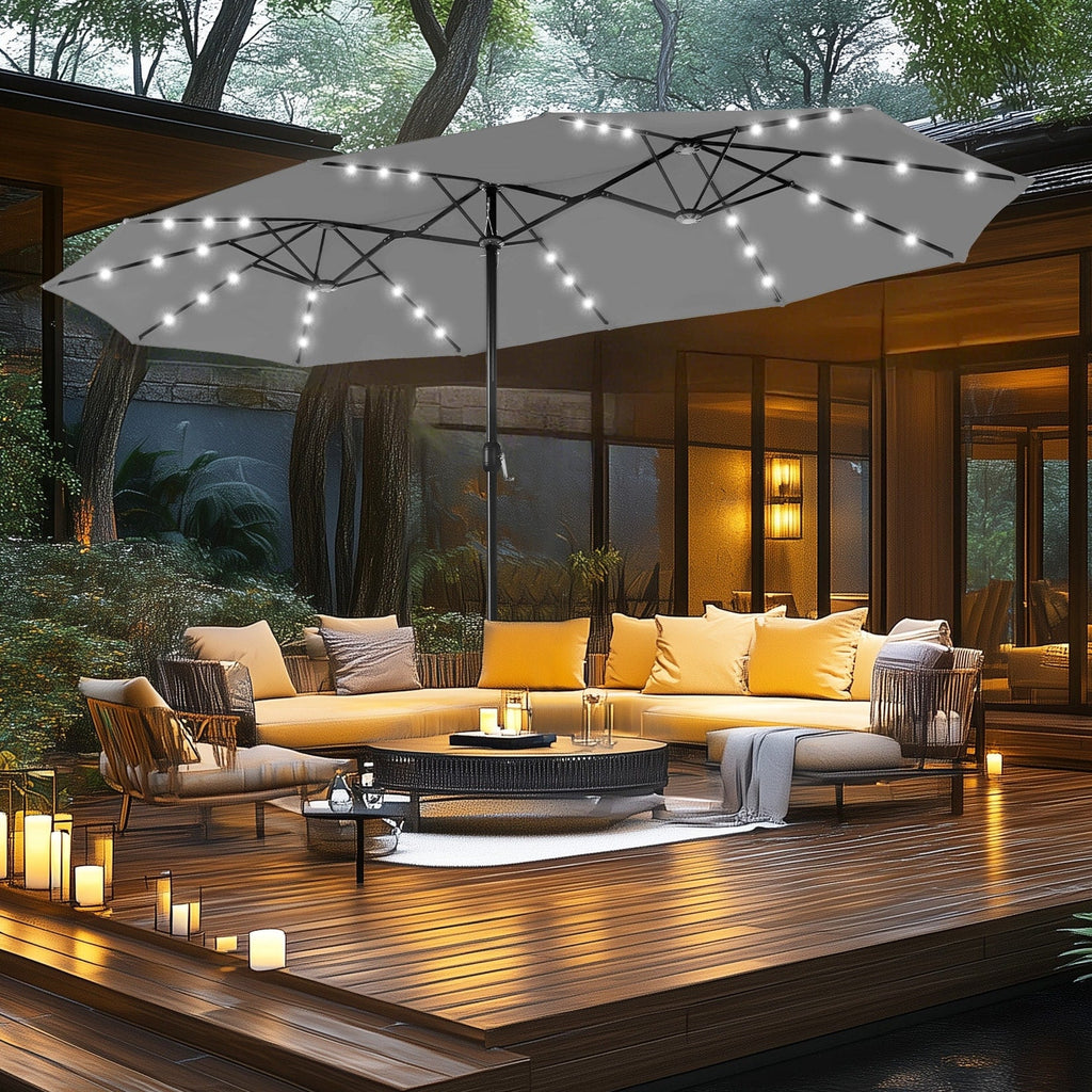 MAISON ARTS Ombrellone da esterno rettangolare da 15 piedi con manovella, doppio lato, con illuminazione a LED solare e base inclusa