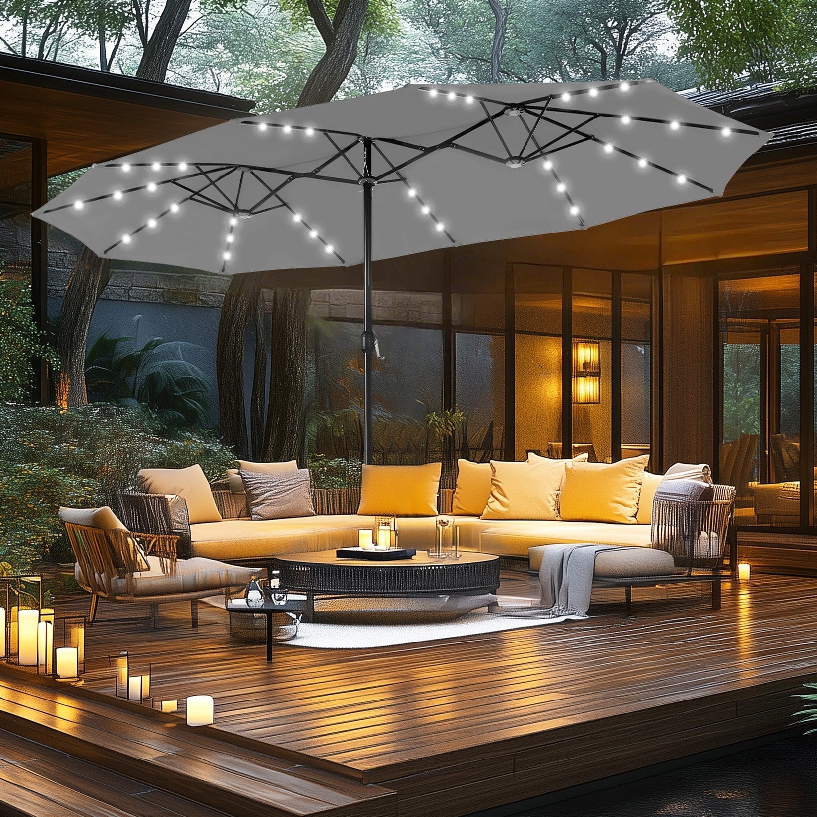 MAISON ARTS Ombrellone da esterno rettangolare da 15 piedi con manovella, doppio lato, con illuminazione a LED solare e base inclusa