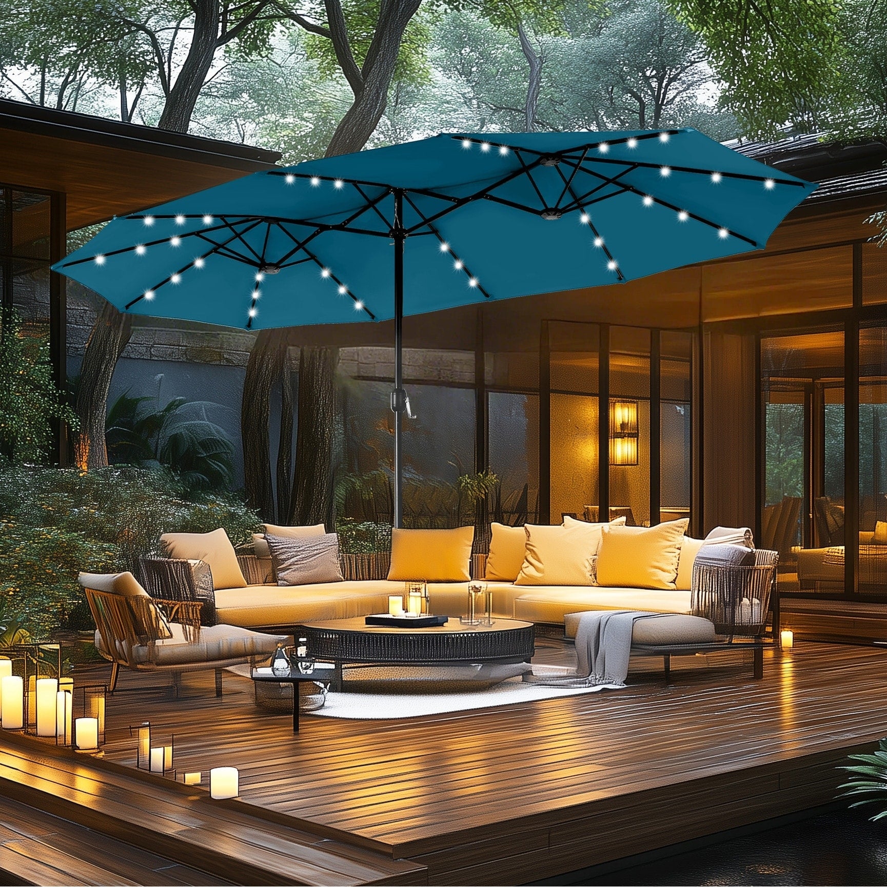 MAISON ARTS Ombrellone da esterno rettangolare da 15 piedi con manovella, doppio lato, con illuminazione a LED solare e base inclusa