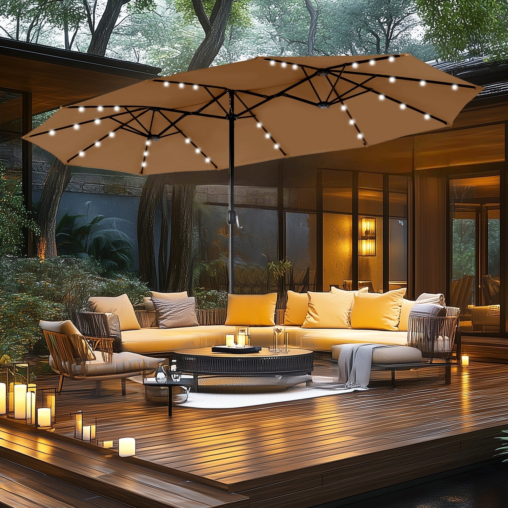 MAISON ARTS Ombrellone da esterno rettangolare da 15 piedi con manovella, doppio lato, con illuminazione a LED solare e base inclusa