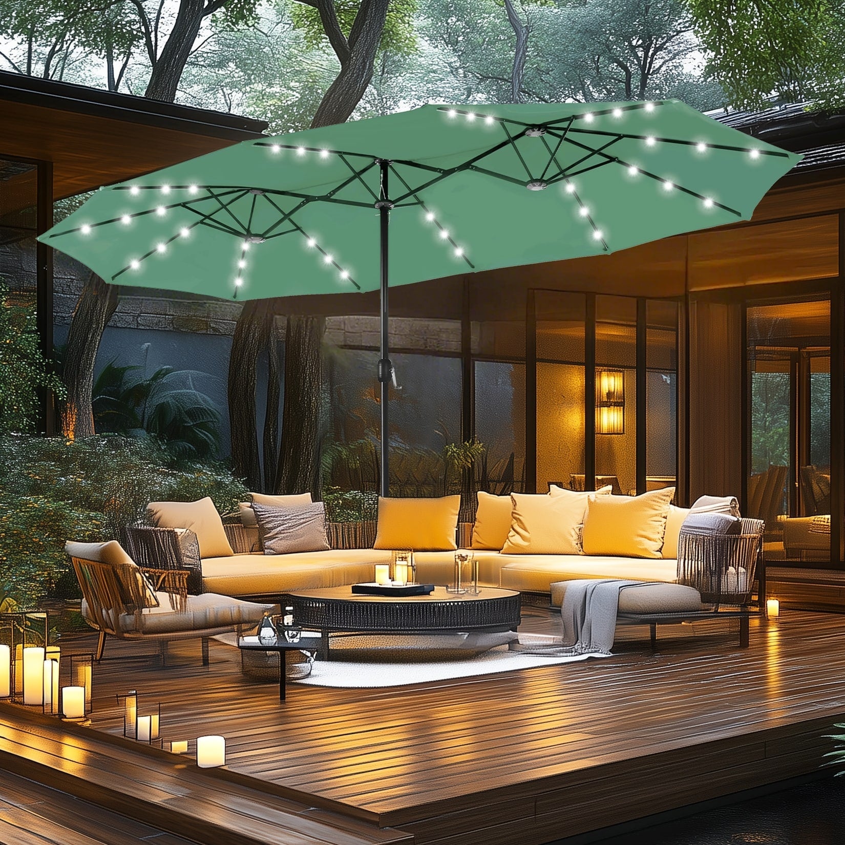 MAISON ARTS Ombrellone da esterno rettangolare da 15 piedi con manovella, doppio lato, con illuminazione a LED solare e base inclusa