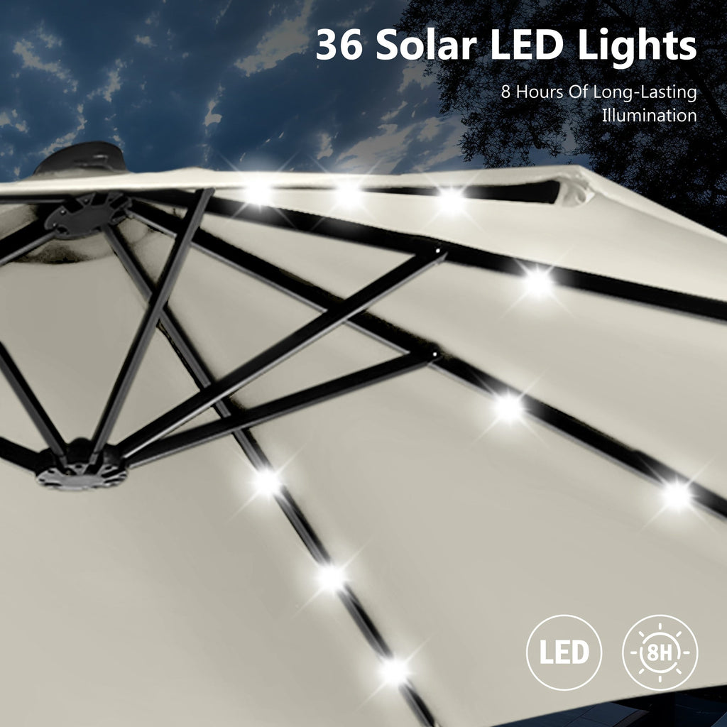 MAISON ARTS Ombrellone da esterno rettangolare da 15 piedi con manovella, doppio lato, con illuminazione a LED solare e base inclusa