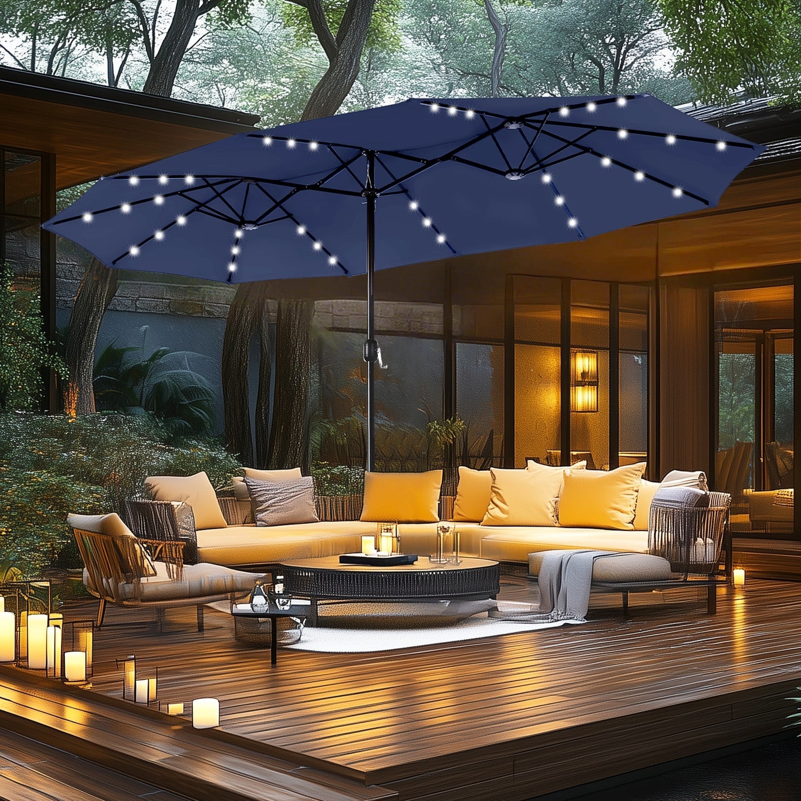 MAISON ARTS Ombrellone da esterno rettangolare da 15 piedi con manovella, doppio lato, con illuminazione a LED solare e base inclusa