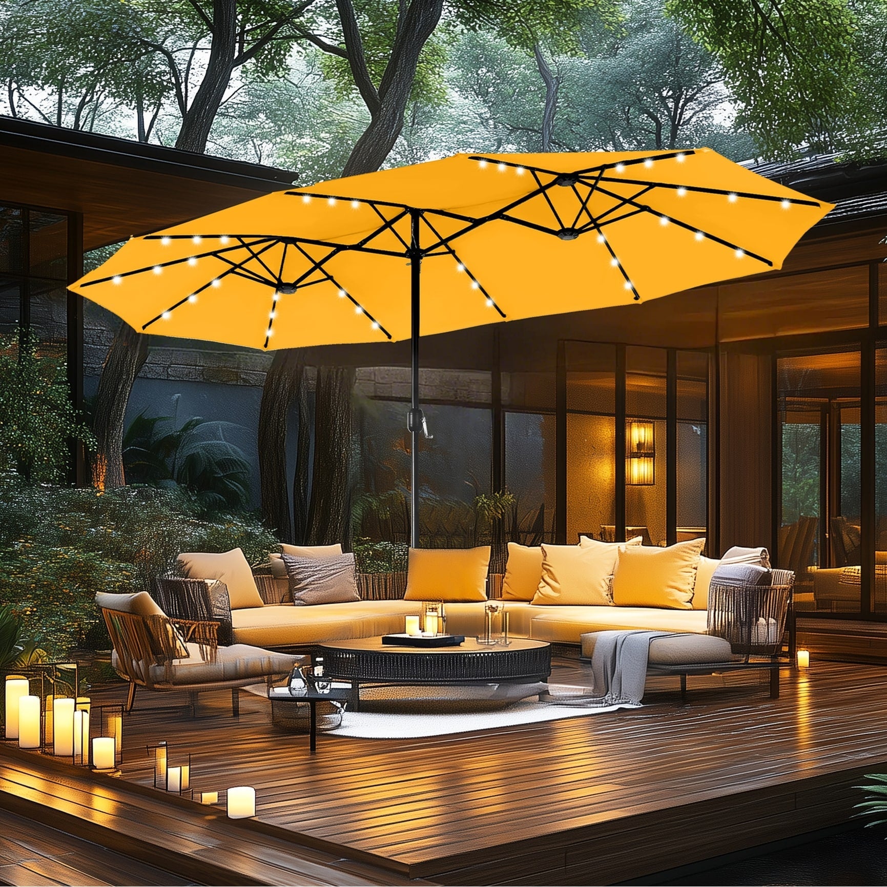 MAISON ARTS Ombrellone da esterno rettangolare da 15 piedi con manovella, doppio lato, con illuminazione a LED solare e base inclusa