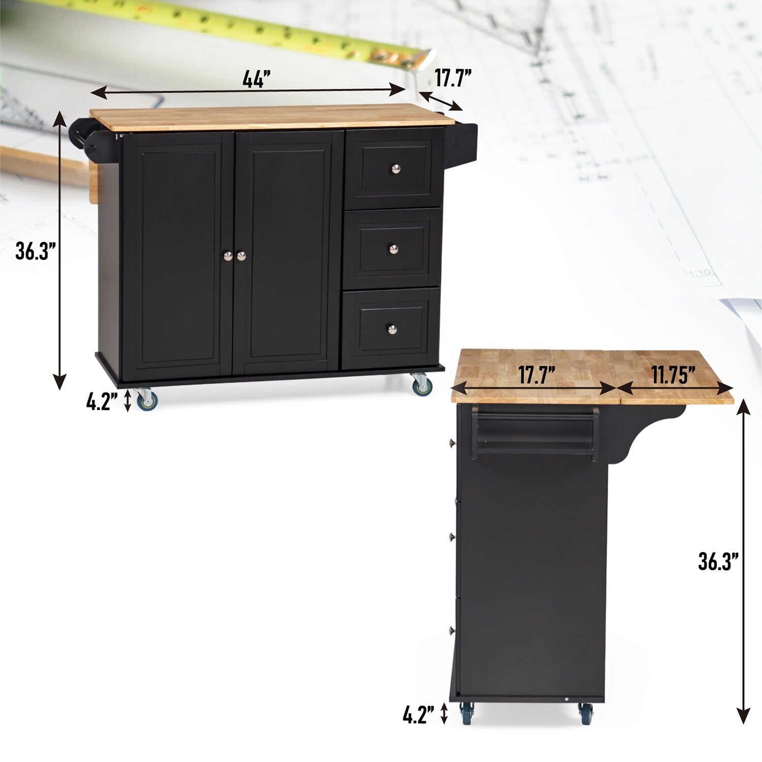 Carrello da cucina Sophia &amp; William con ribaltina e piano in legno di caucciù, carrello da cucina con ruote e ampio mobiletto portaoggetti