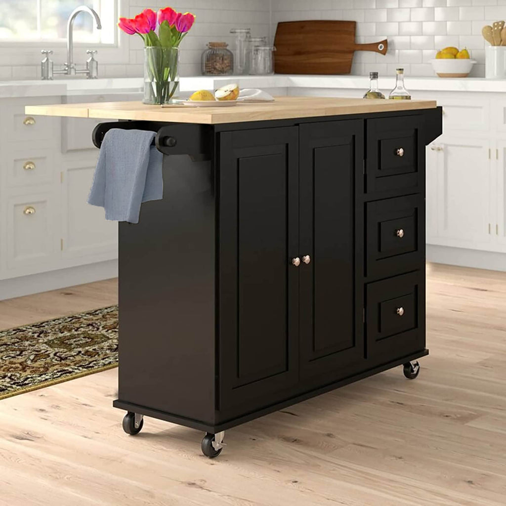 Carrello da cucina Sophia &amp; William con ribaltina e piano in legno di caucciù, carrello da cucina con ruote e ampio mobiletto portaoggetti