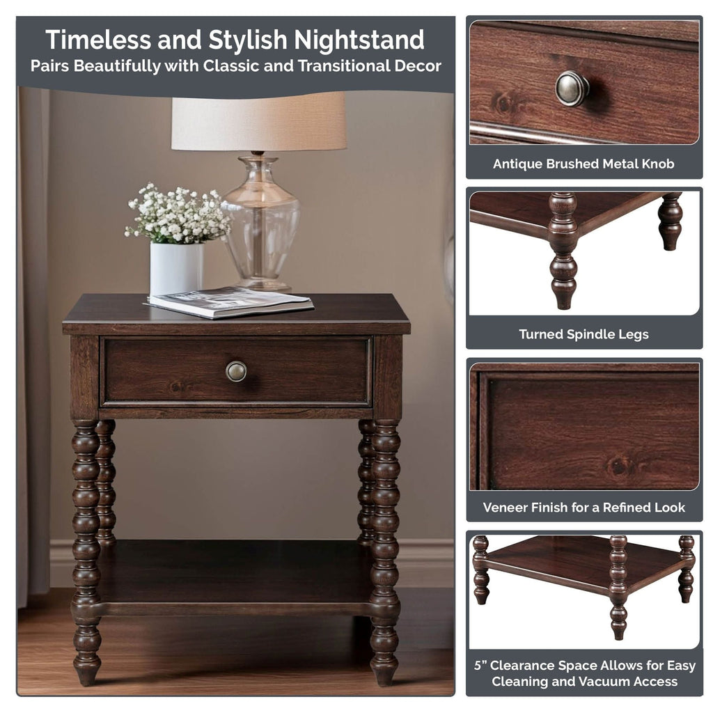 Comodino in legno tornito Madison Park Signature Beckett con cassetto e ripiano