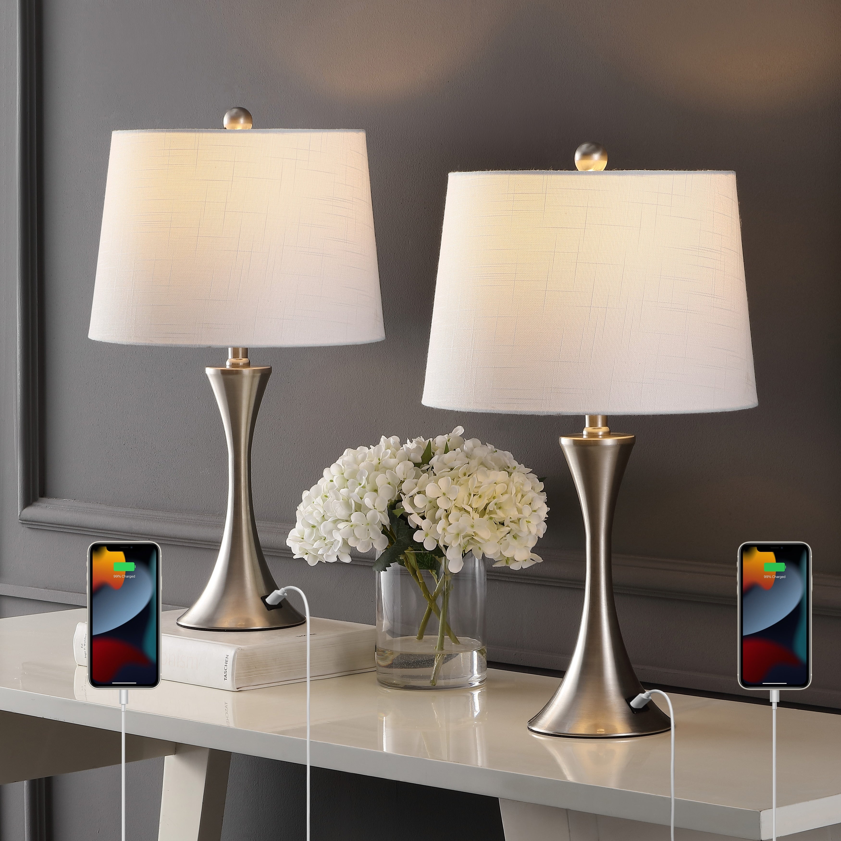 Lampada da tavolo a LED Makena 22.75 Modern Glam Iron Hourglass con porta di ricarica USB, (set da 2) di JONATHAN Y
