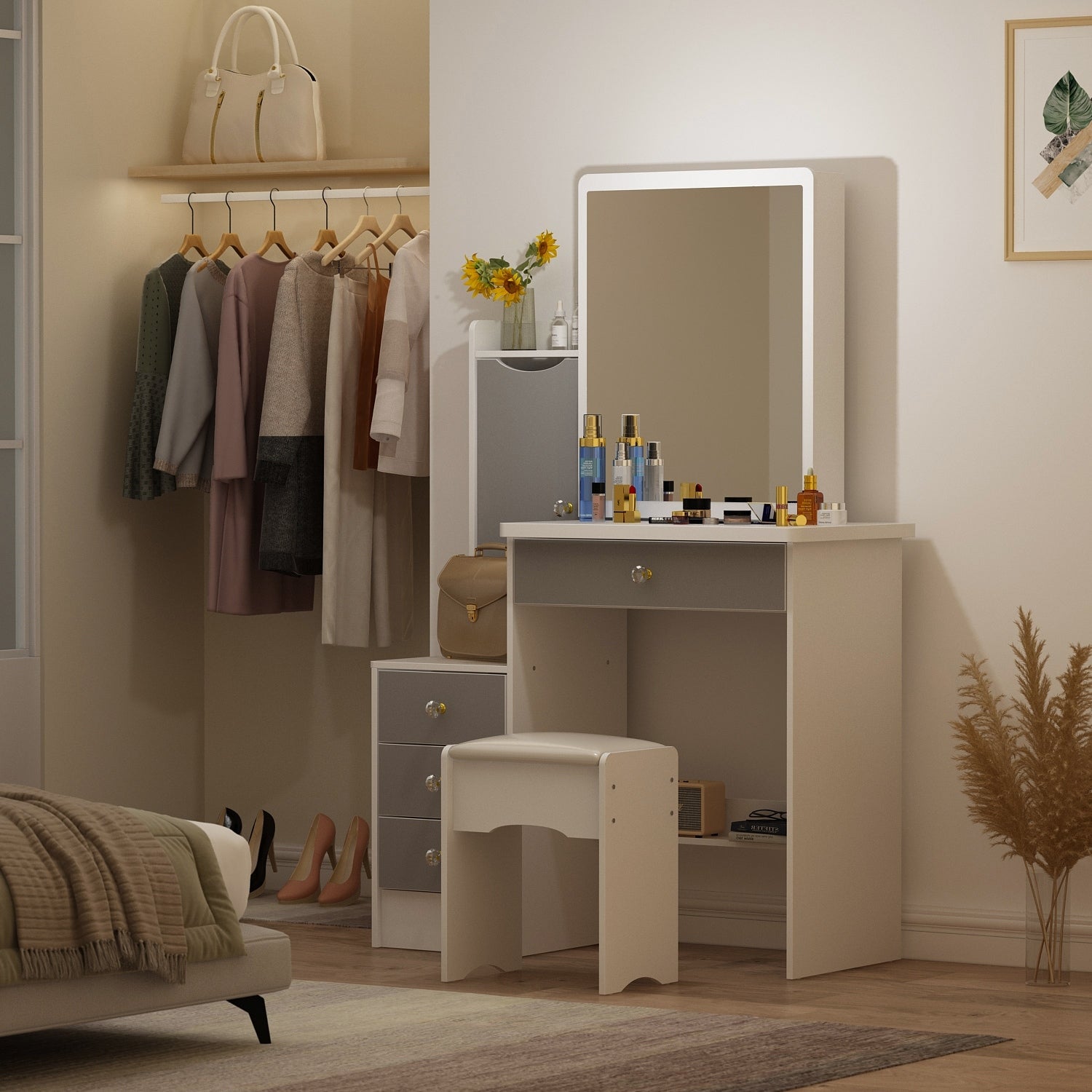 Set da toeletta per il trucco con specchio e sgabello
