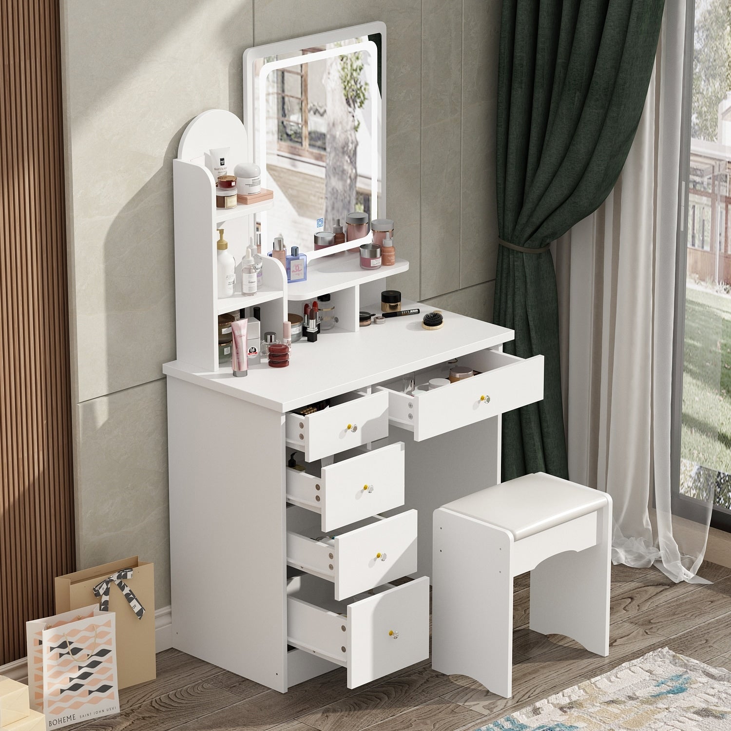 Tavolo da trucco con luce LED, specchio e sgabello