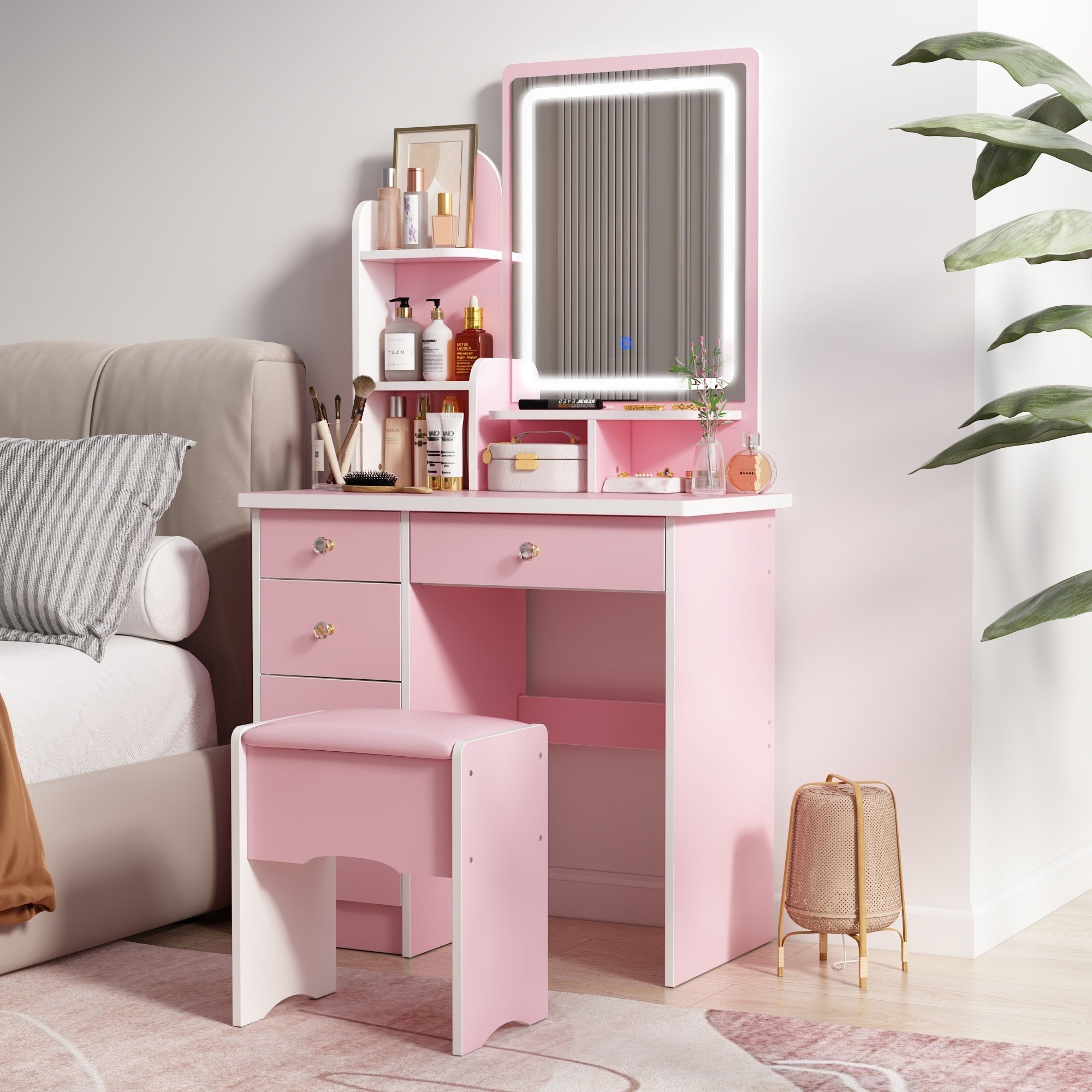 Tavolo da trucco con luce LED, specchio e sgabello