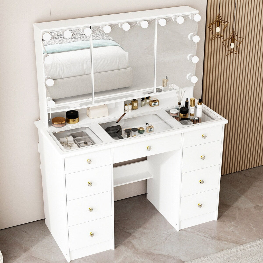 Mobiletto per il trucco con specchio a tre ante, illuminazione certificata, cassettiera con ripiano in vetro