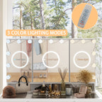 Mobiletto per il trucco con specchio a tre ante, illuminazione certificata, cassettiera con ripiano in vetro
