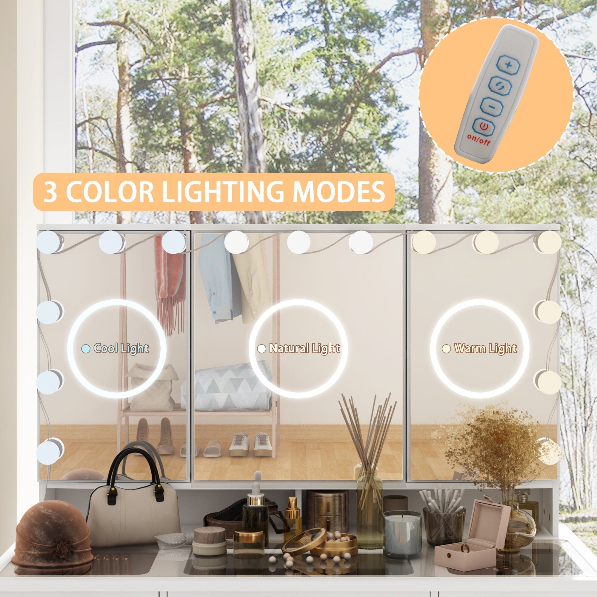 Mobiletto per il trucco con specchio a tre ante, illuminazione certificata, cassettiera con ripiano in vetro
