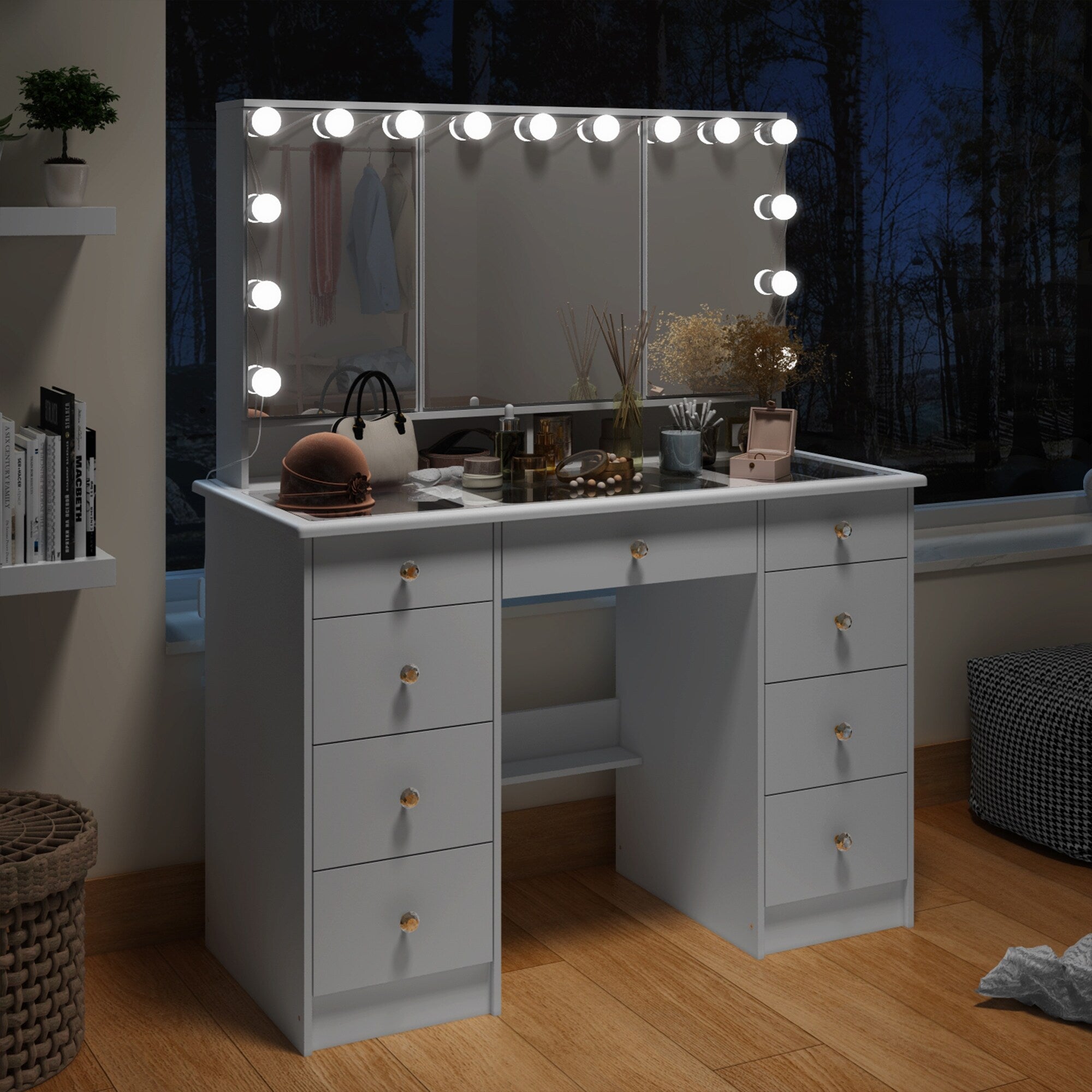Mobiletto per il trucco con specchio a tre ante, illuminazione certificata, cassettiera con ripiano in vetro