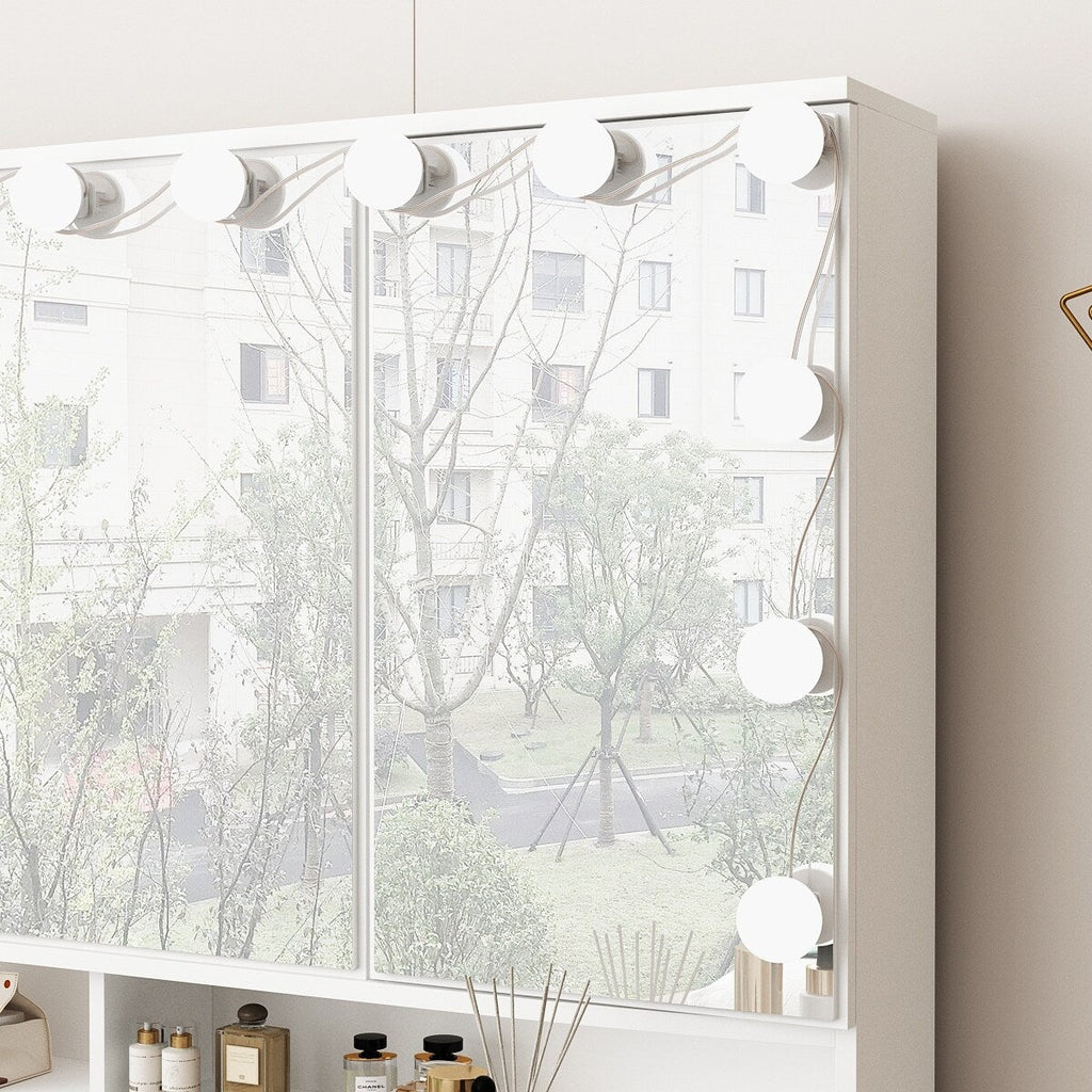 Mobiletto per il trucco con specchio a tre ante, illuminazione certificata, cassettiera con ripiano in vetro