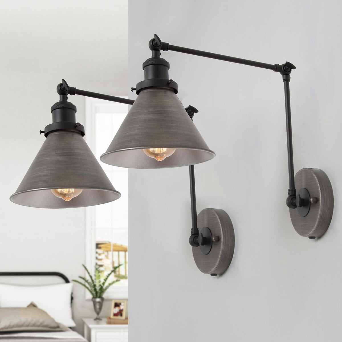 Malryn Set di 2 moderne luci a braccio oscillante regolabili Applique da parete con spina/cablaggio
