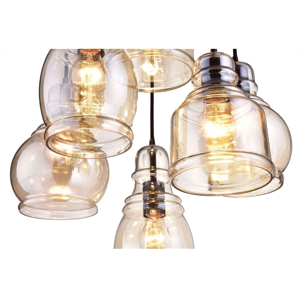 Lampadario a sospensione Mariana Cognac Glass Antique Black and Round Base a 6 luci
