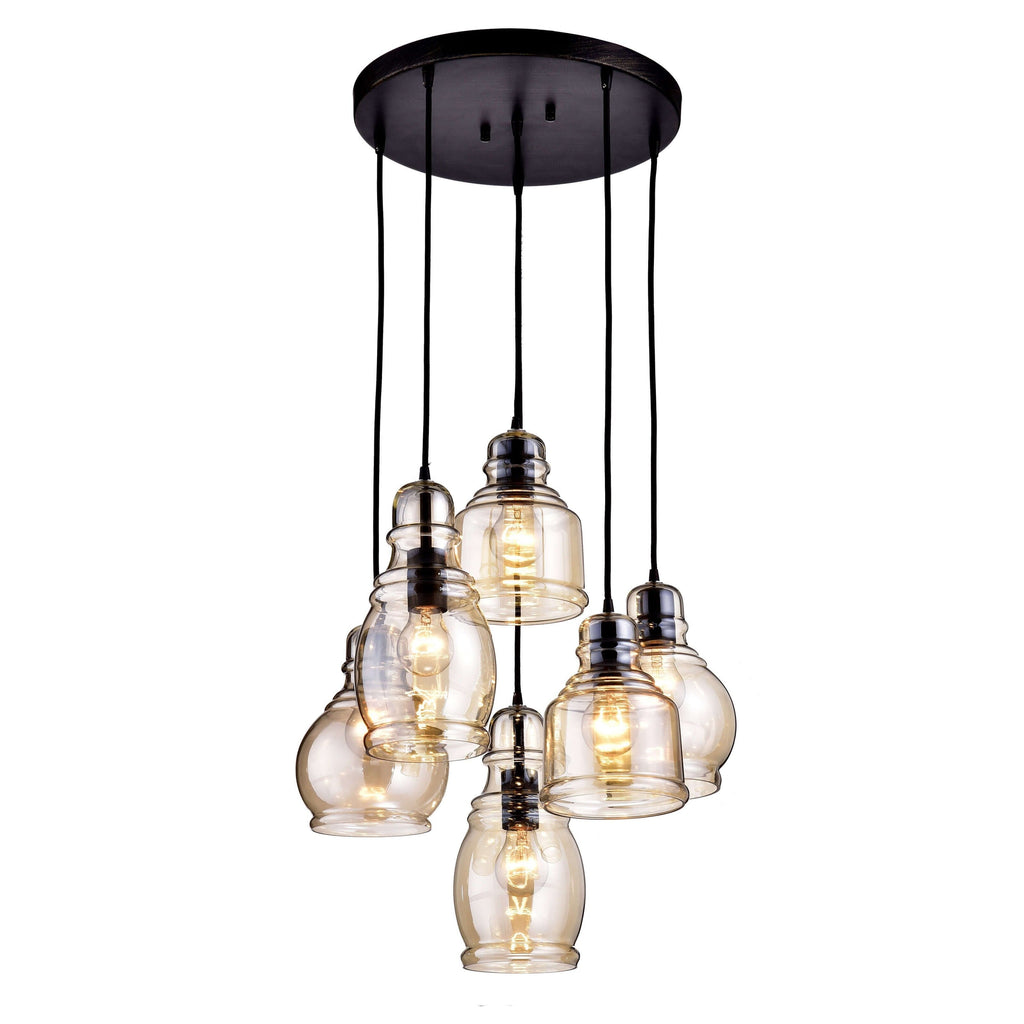 Lampadario a sospensione Mariana Cognac Glass Antique Black and Round Base a 6 luci