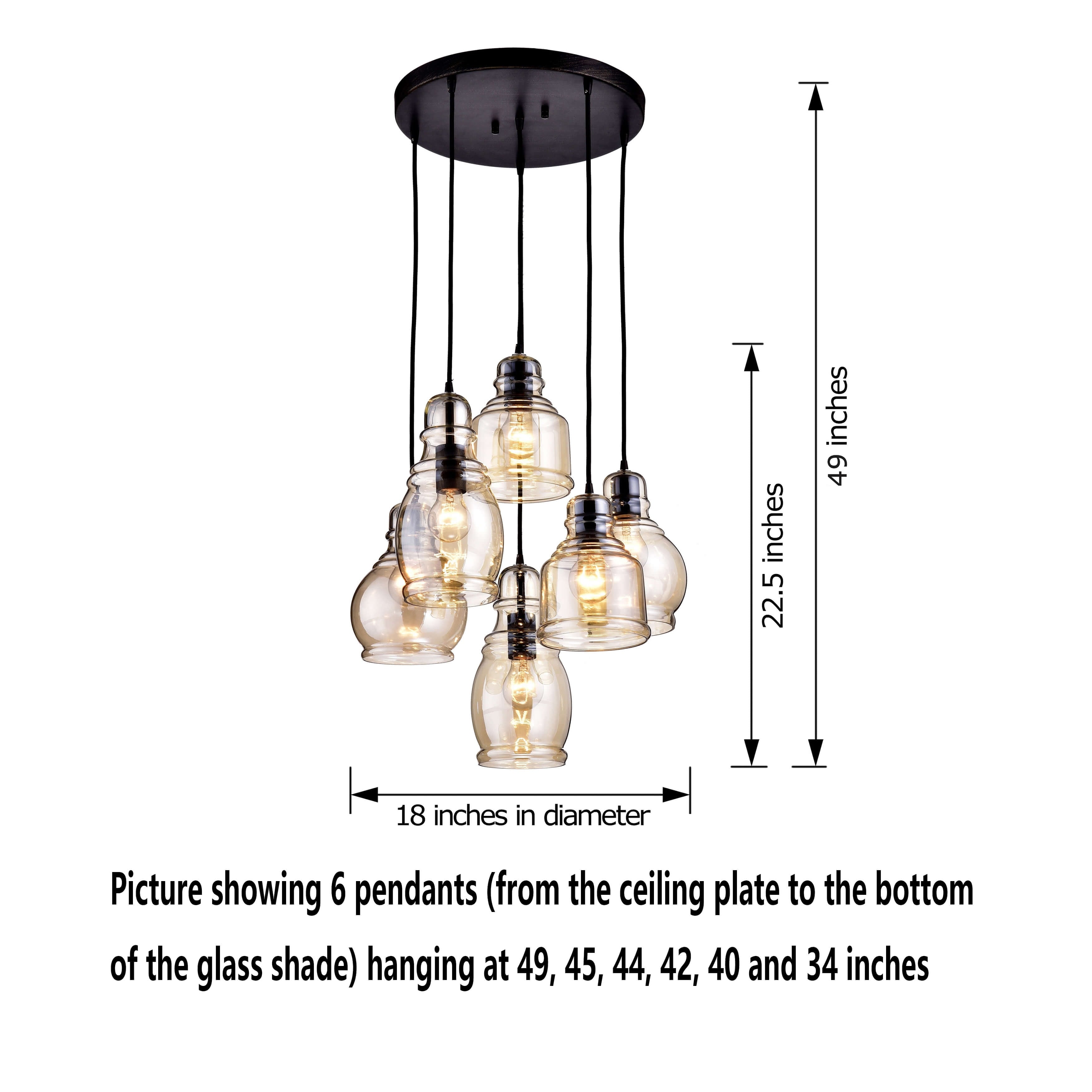 Lampadario a sospensione Mariana Cognac Glass Antique Black and Round Base a 6 luci