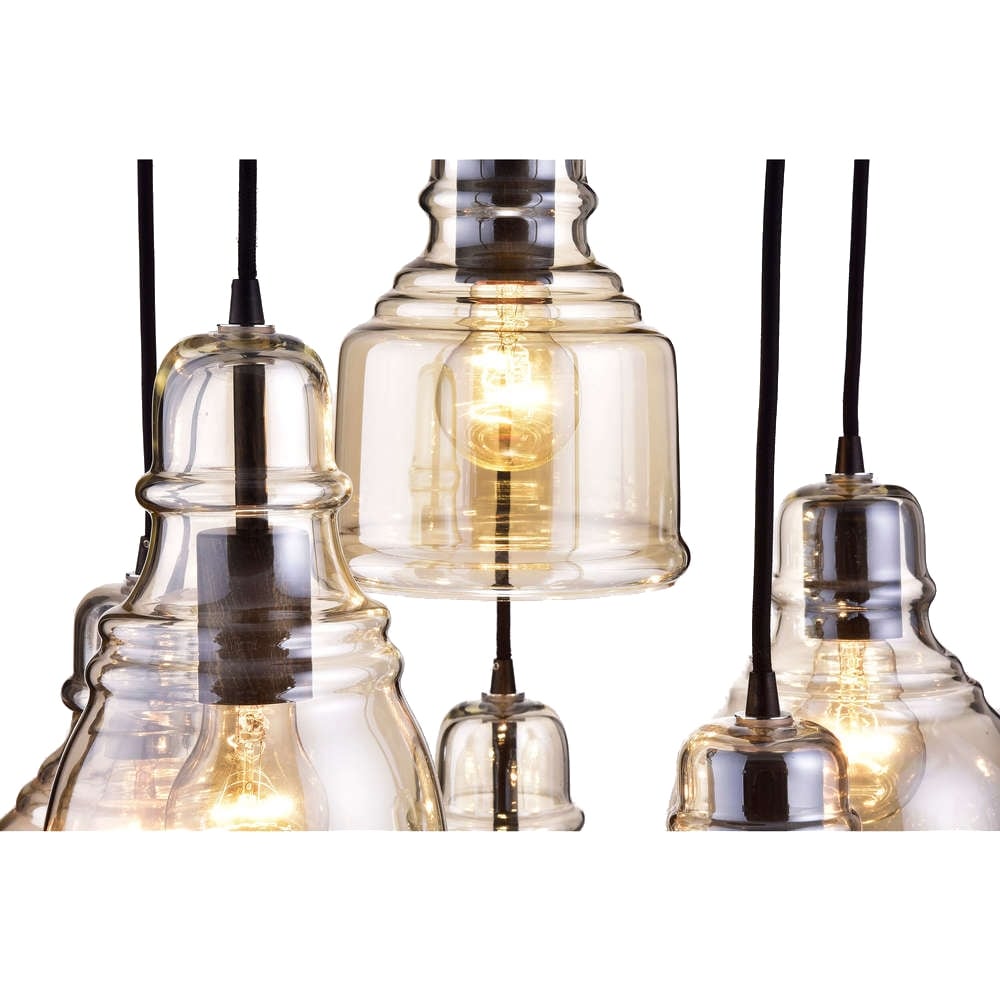 Lampadario a sospensione Mariana Cognac Glass Antique Black and Round Base a 6 luci